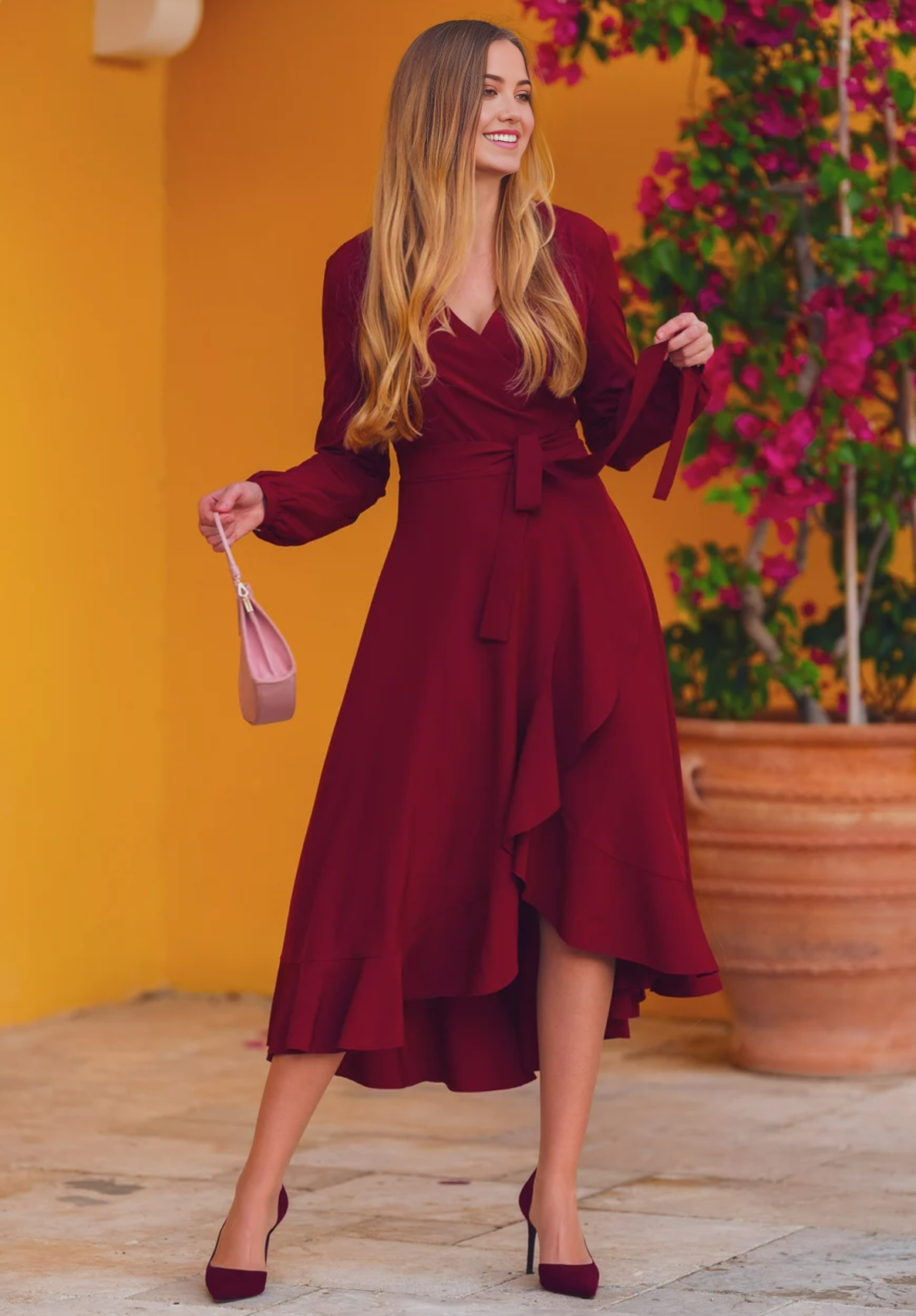 A-line V-Neck Tea Length Long Sleeve Cocktail Dress Bridesmaid Dress Formal Dresses for Wedding Guest Mother of the Bride Dresses