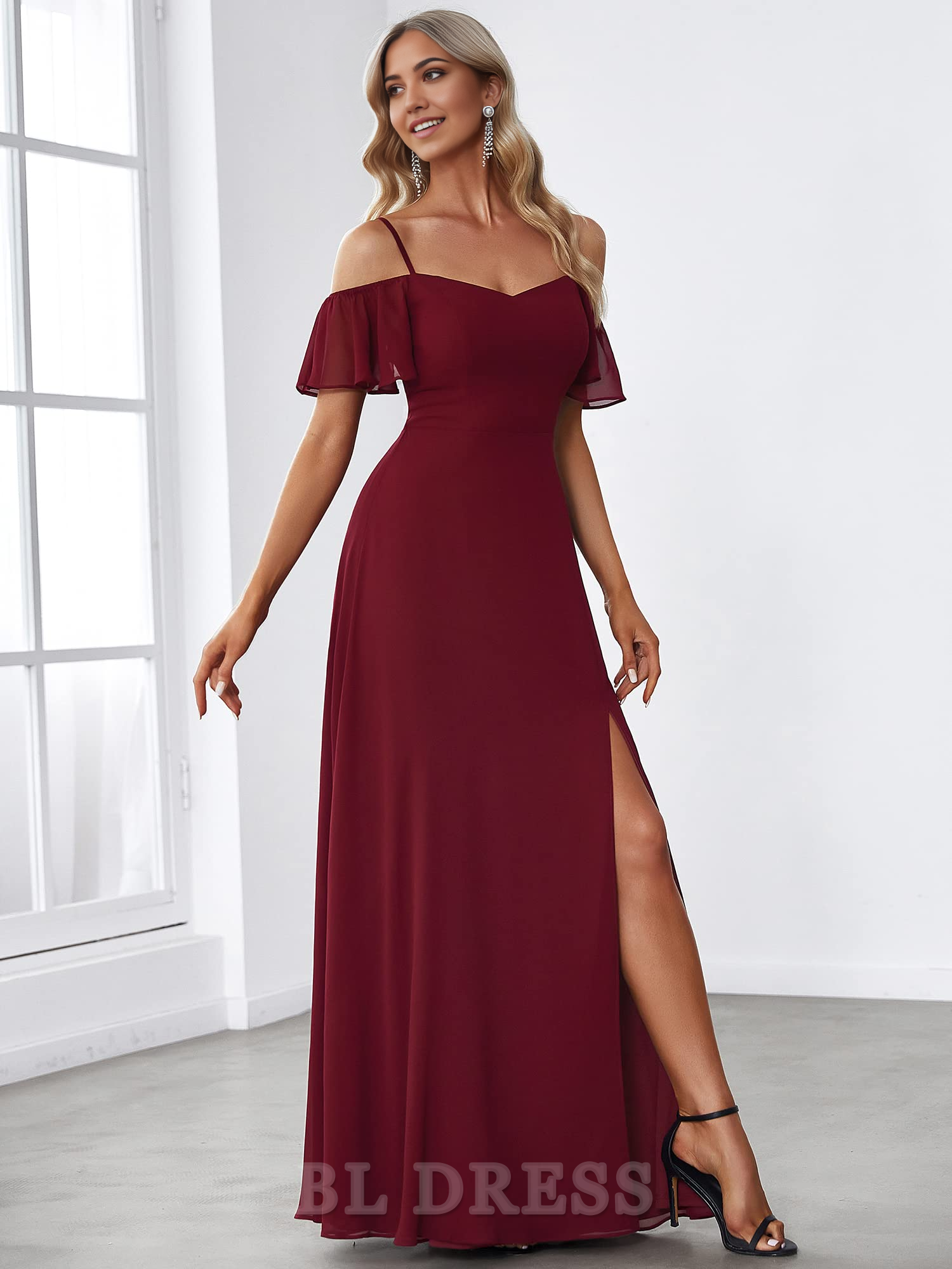 A-Line Off Shoulder Short Sleeve Split Floor Length formal dresses Bridesmaid Dresses evening gown Prom Dress