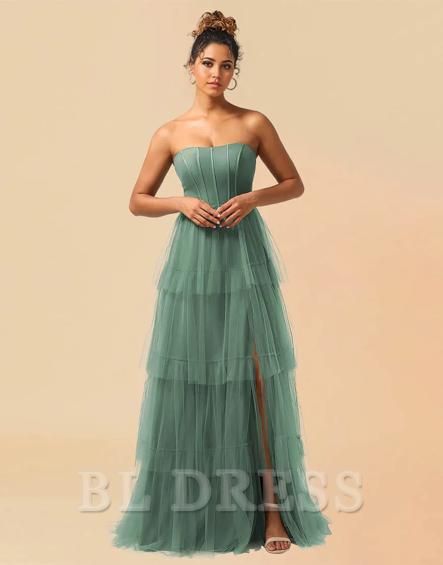 A-Line Detachable Straps Lace Up Tulle formal dresses Bridesmaid Dresses evening gown Prom Dress With Split