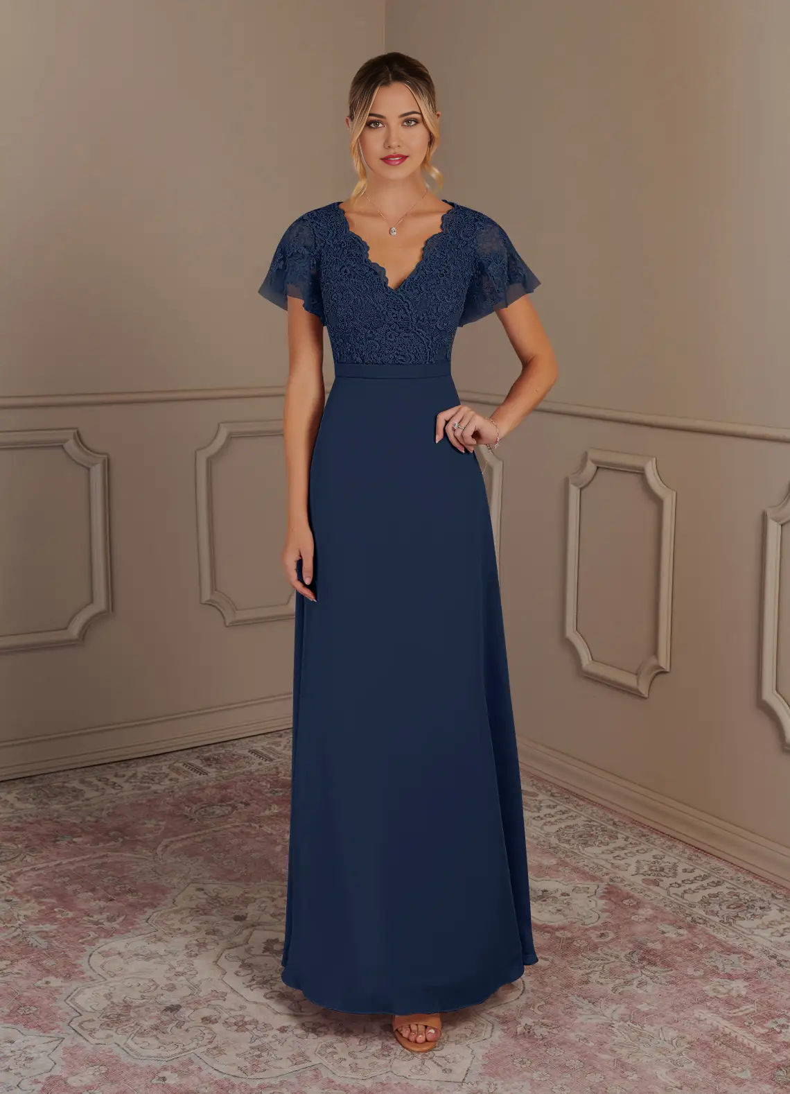 A-Line V-Neck Lace Chiffon Dark Navy Mother of the Bride Dresses