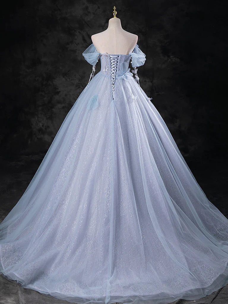 A-Line Sweetheart Neck Off Shoulder Tulle Long Prom Dress