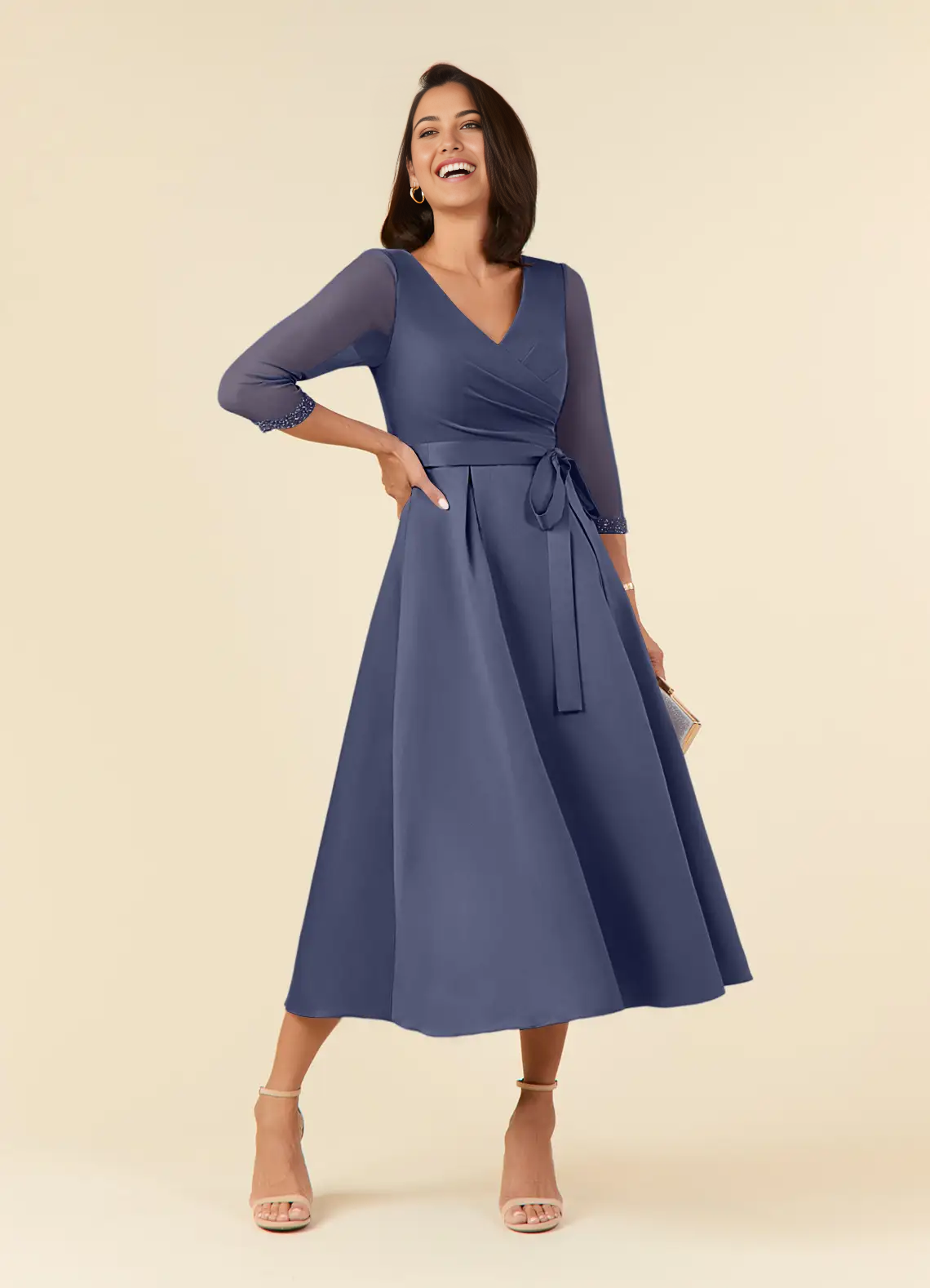 A-Line V-Neck Pleated Tea Length Stormy formal dresses evening dress Mother of the Bride Dresses