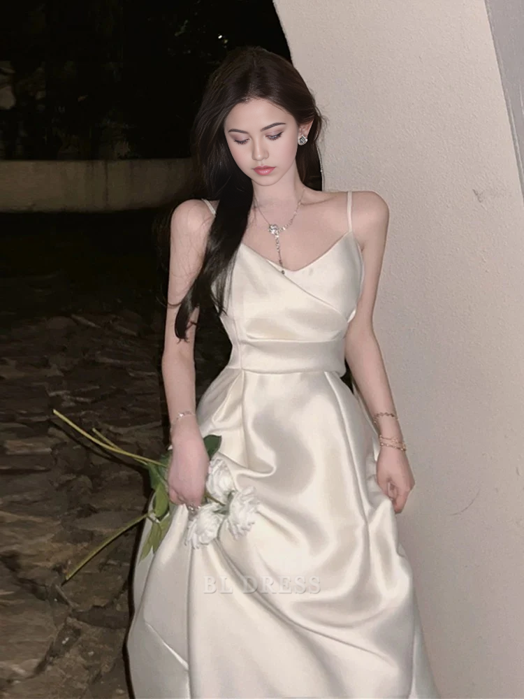 A Line Spaghetti Straps Satin Ivory Sleeveless Vintage formal dresses Bridesmaid Dresses evening gown Prom Dress