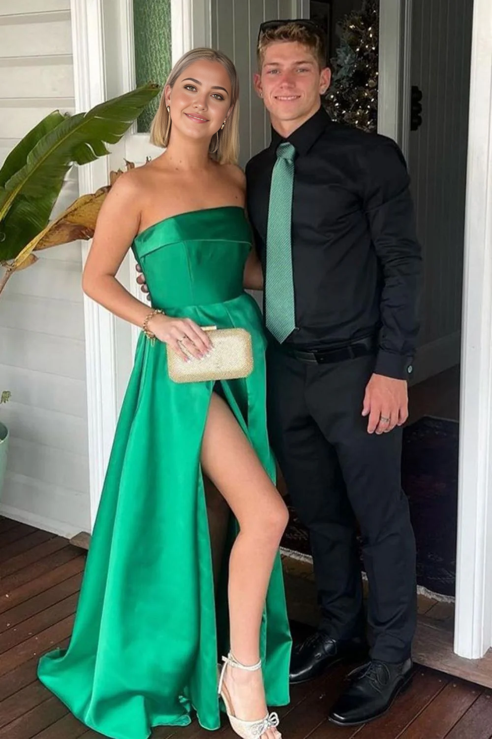 A Line Strapless Red Long Prom Dress with Split Front