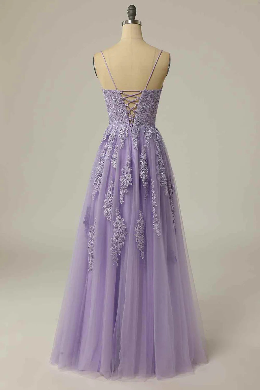 A-line Lace-Up Back Tulle Embroidery Slit Long Prom Dress
