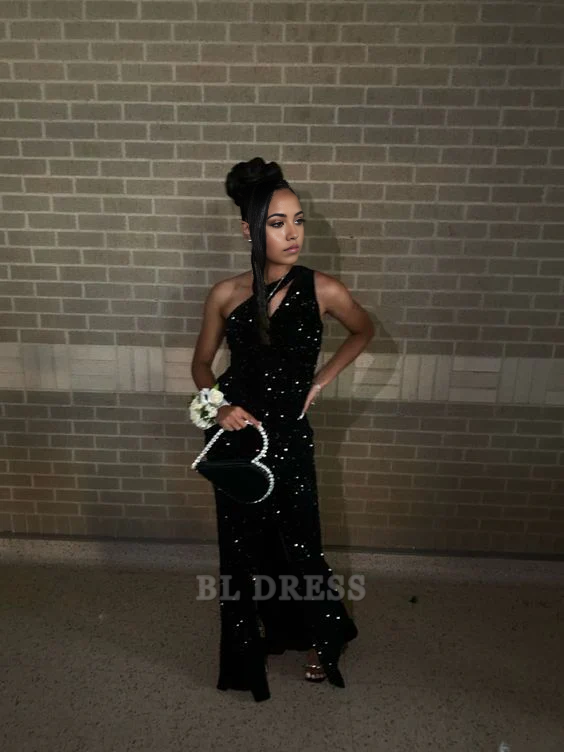 Mermaid One Shoulder Sequin Black formal dresses Bridesmaid Dresses evening gown Prom Dress