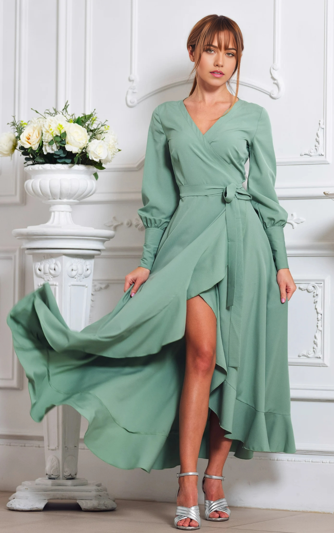 A-line V-Neck Tea Length Long Sleeve Cocktail Dress Bridesmaid Dress Formal Dresses for Wedding Guest Mother of the Bride Dresses