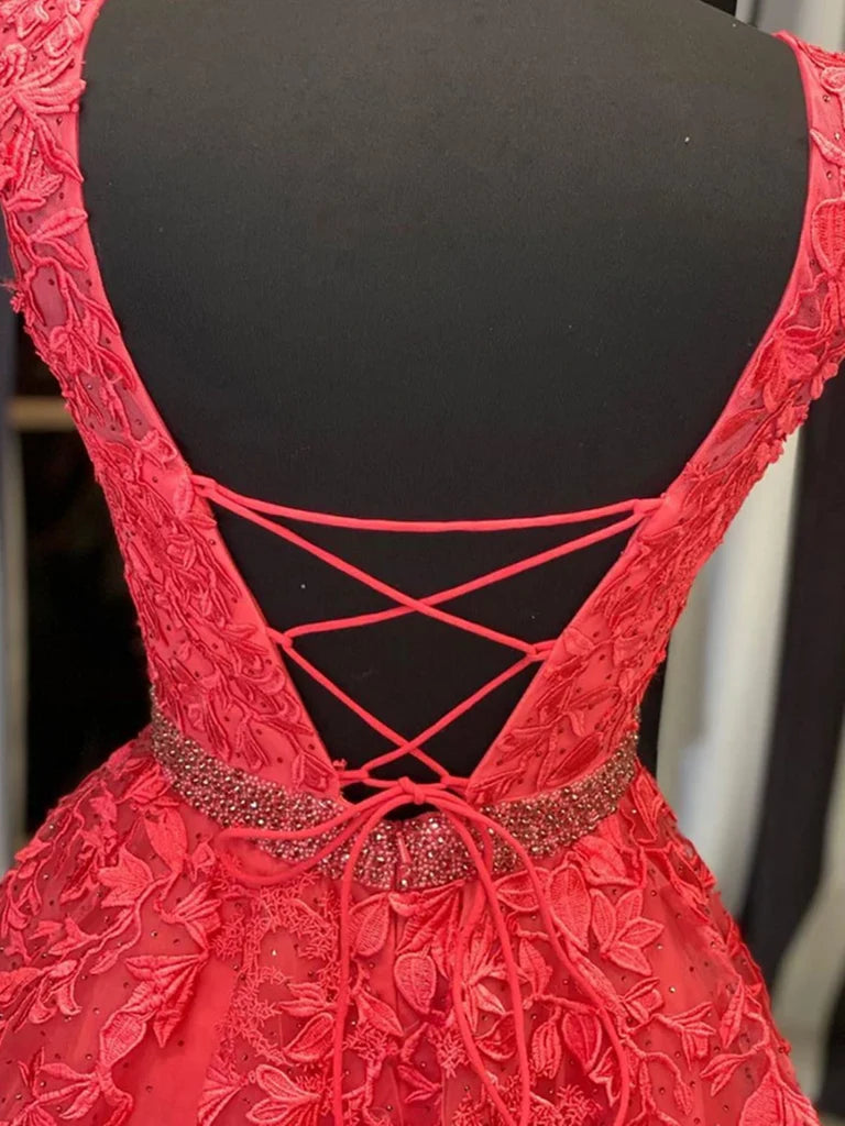 A-line Tulle Round Neck Tulle Lace Long Prom Dresses