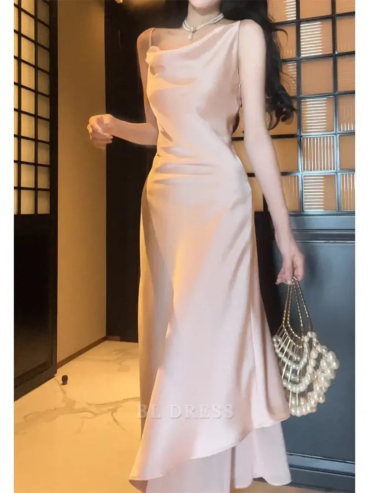 A Line Spaghetti Straps Silk Satin Pink formal dresses Bridesmaid Dresses evening gown Prom Dress