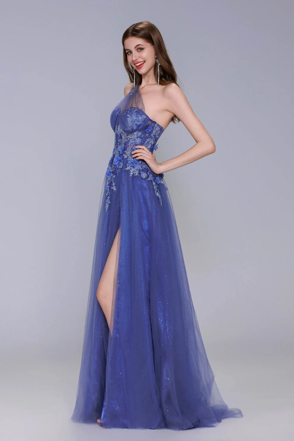 Glamorous A-Line One-Shoulder Sleeveless Lace-Up Back Floor-Length Prom Dress