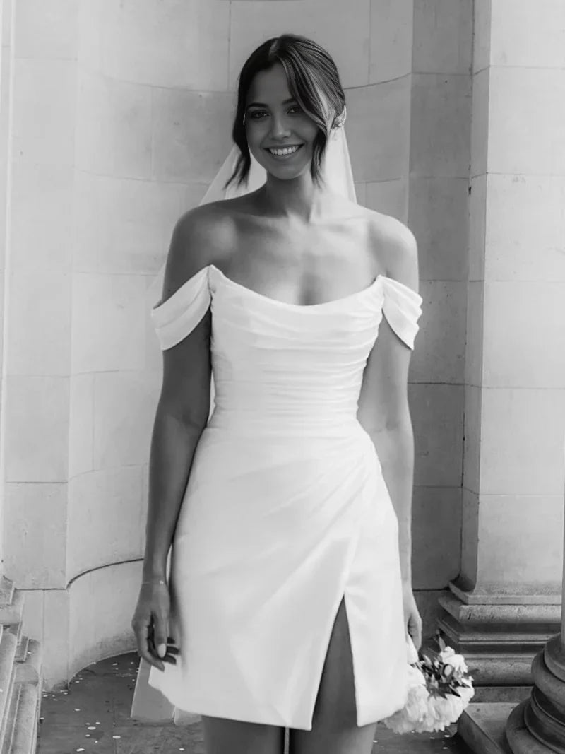 Simple Off-the-Shoulder Short Satin Cowl Neck Formal Wedding Dress With Slit