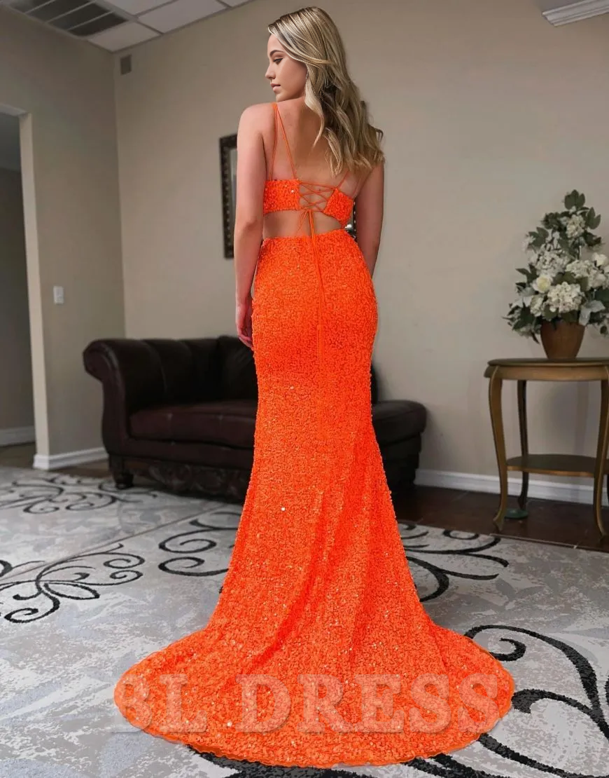 Two Pieces Mermaid Spaghetti Straps Corset Back Long Sequin formal dresses evening gown Prom Dress