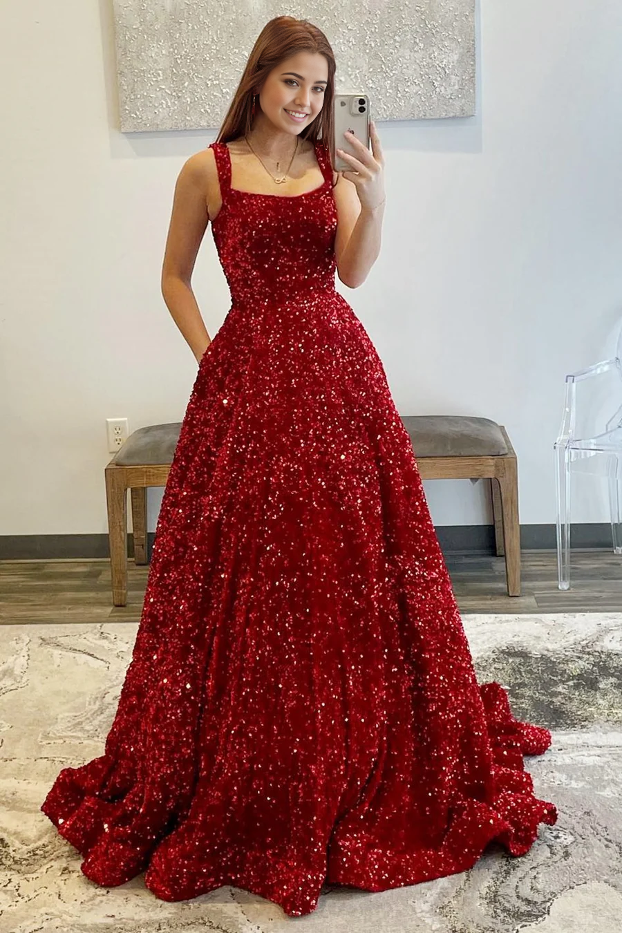 A-line Sequin Square Neck Open Back Red formal dresses Bridesmaid Dresses evening gown Prom Dress