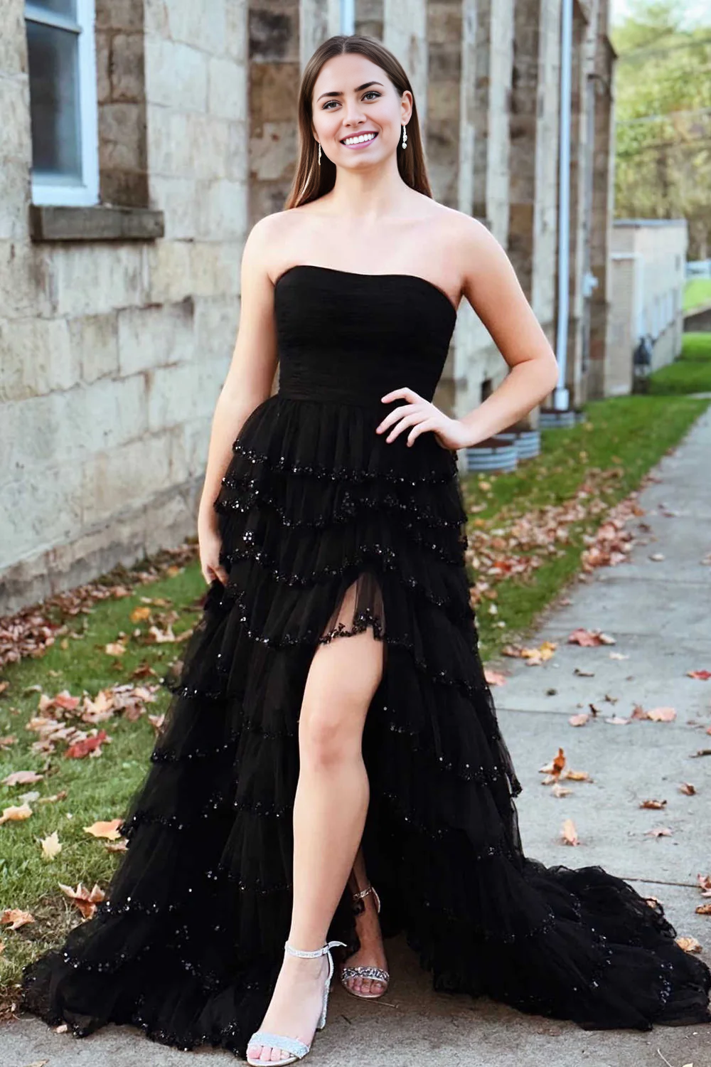 A-line Strapless Layered Tulle Prom Dress with Sequins