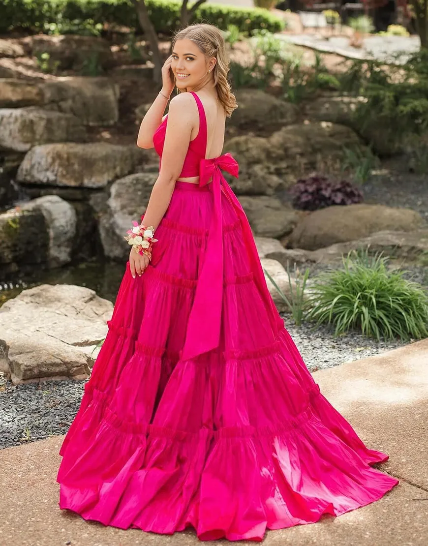 Two Piece A-Line V Neck Ruffled Fuchsia formal dresses evening dress Long Prom Dress