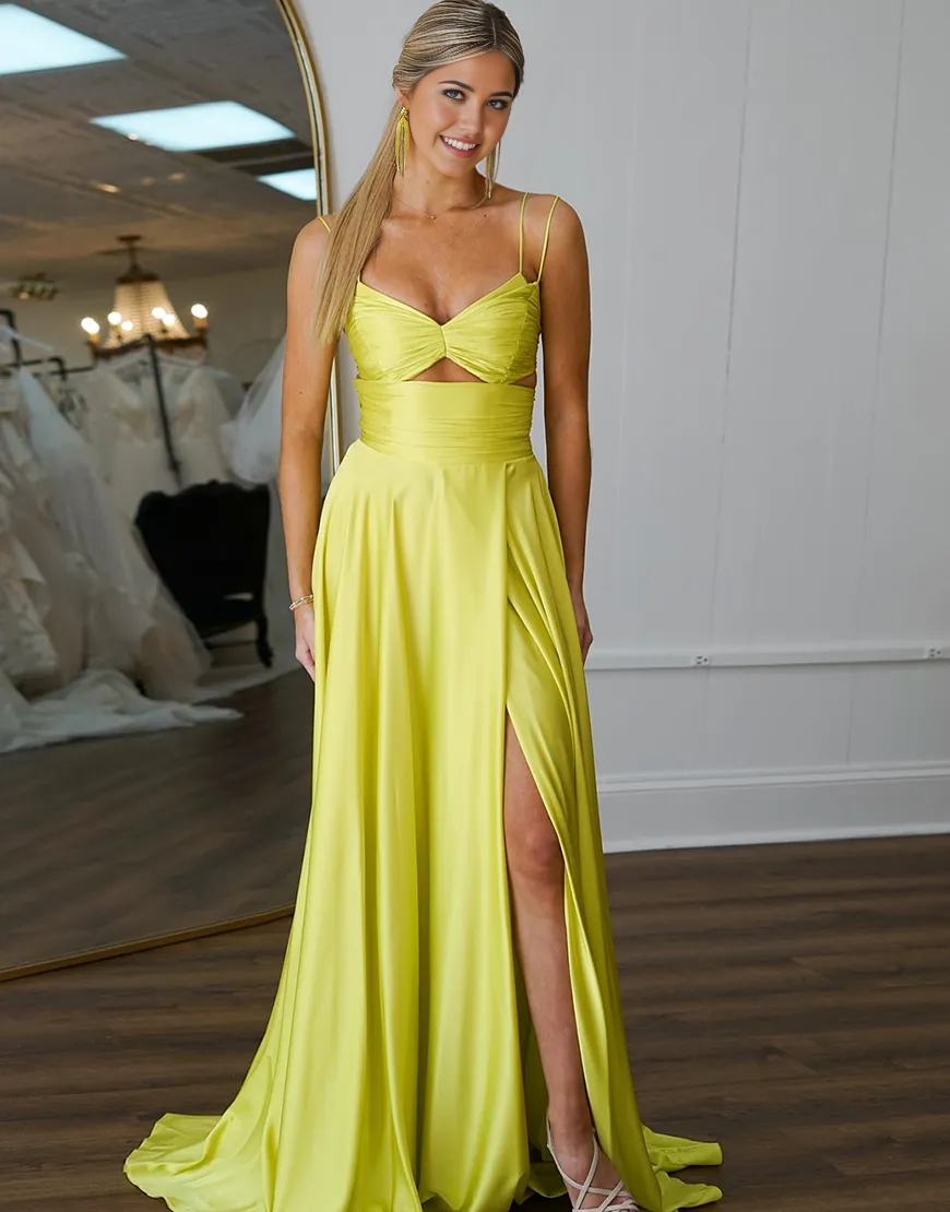 A-Line Double Spaghetti Straps Hollow Out Yellow Long formal dresses evening gown Prom Dress with Slit