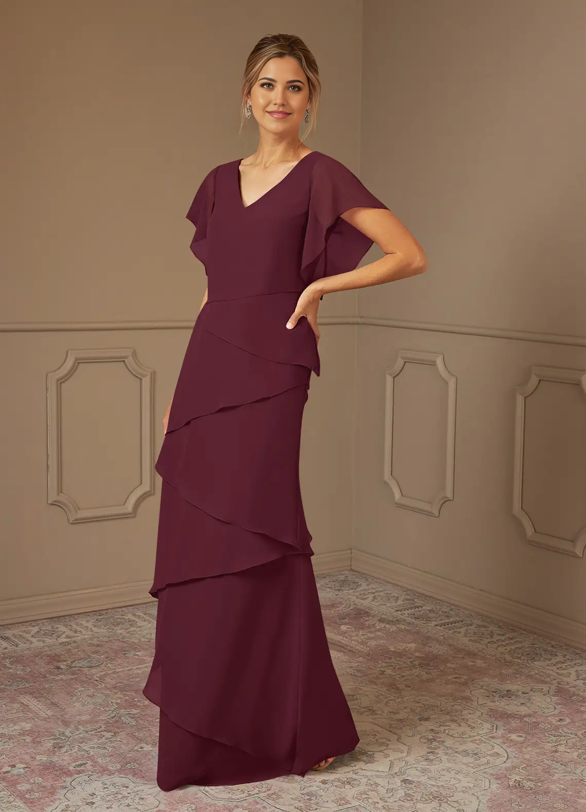 A-Line V-Neck Chiffon Cabernet formal dresses Mother of the Bride Dresses
