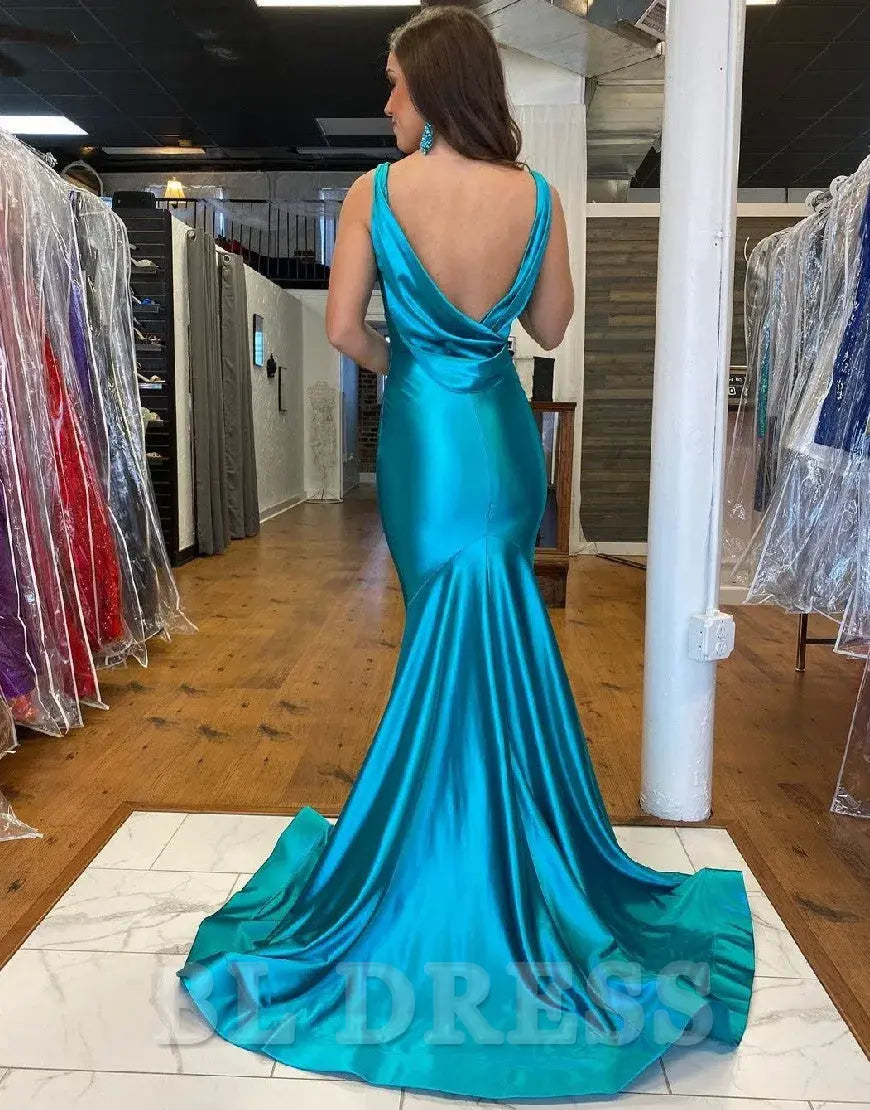 Mermaid V-Neck Glitter Satin Backless formal dresses evening gown Prom Dress