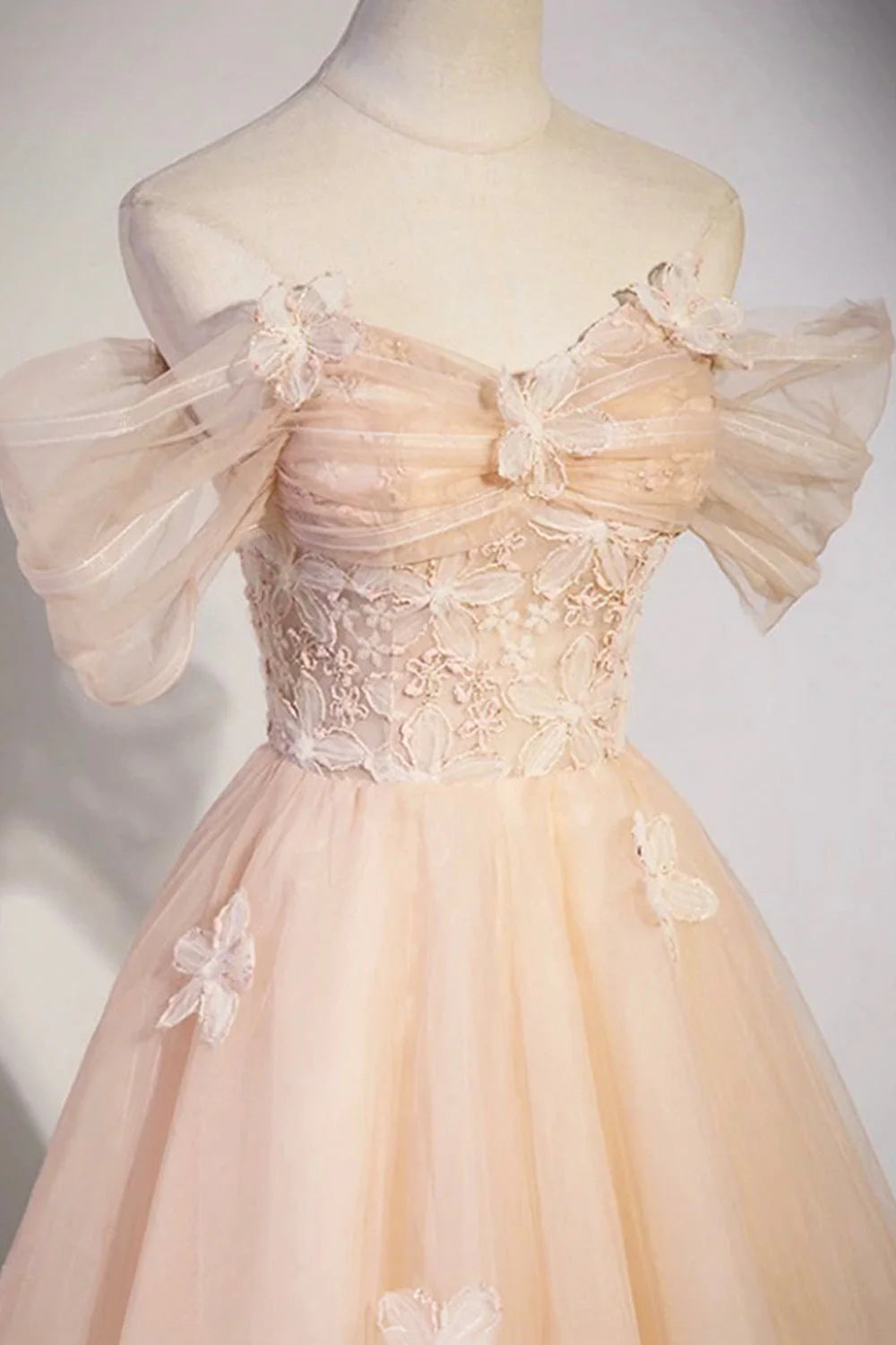 Off Shoulder Flowers Tulle Long Formal Prom Dresses