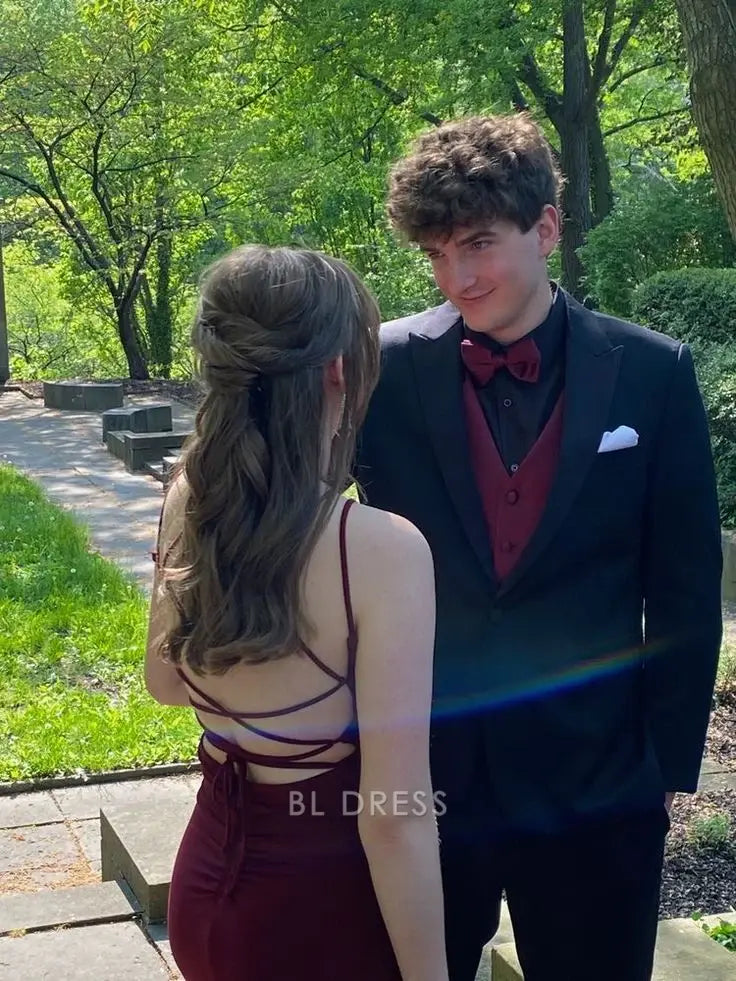 Mermaid Spaghetti Straps Satin Burgundy formal dresses Bridesmaid Dresses evening gown Prom Dress