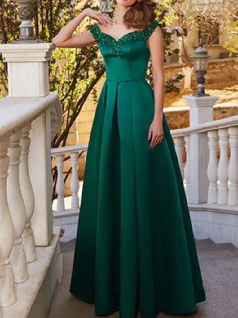 A Line Off The Shoulder Satin Floor Length Prom Dress Evening Dress