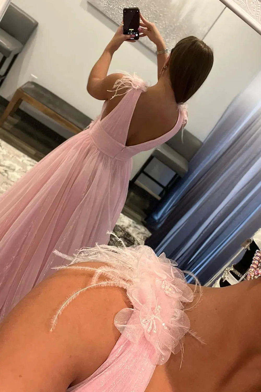 A-line V-Neck Tulle Long Prom Dress with Open Back