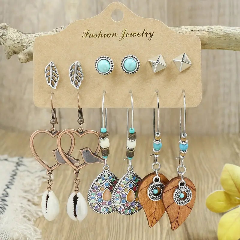 24-Pair Bohemian Earring Set - Turquoise Inlaid Studs & Dangles - Fashion-Forward Design