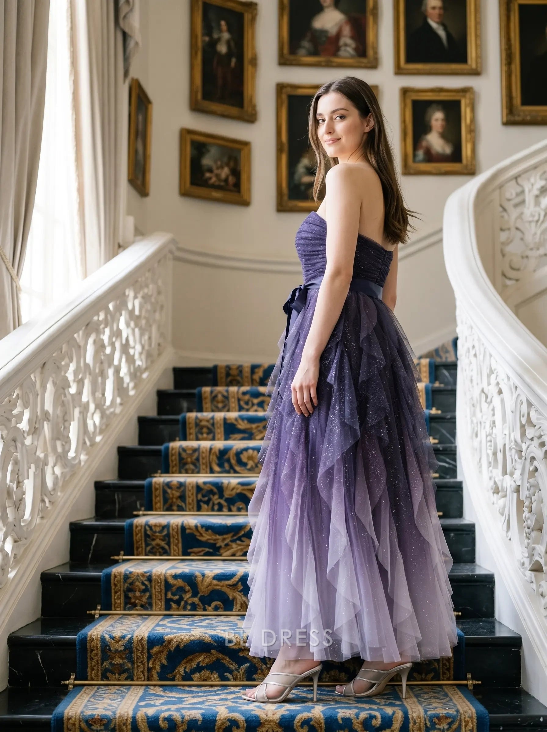 Purple Ombre Strapless Sweetheart Neck Satin Waist Bow Glitter Tulle Tiered Floor Length Formal Evening Prom Dress