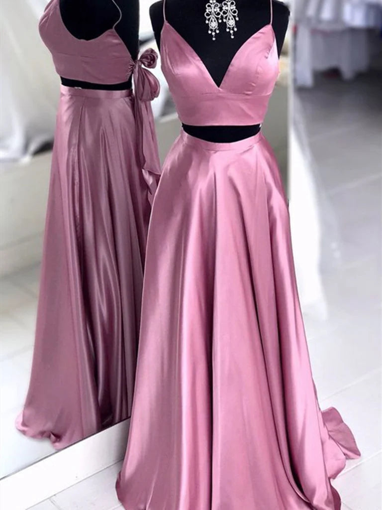 Two Pieces V Neck Satin Long Prom Dresses Long Formal Evening Dresses