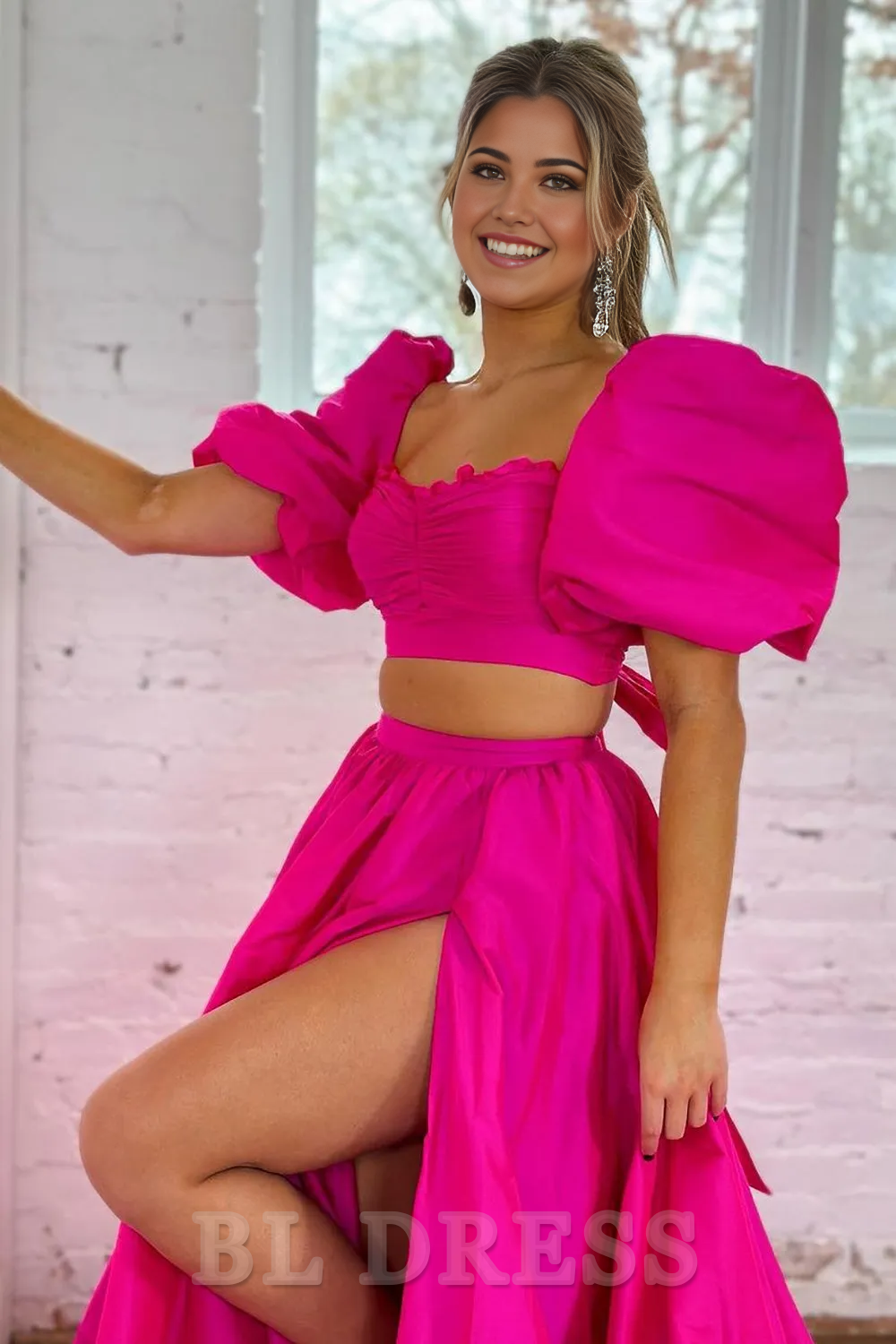 Two Pieces A-Line Square Neck Long Satin Hot Pink formal dresses evening gown Prom Dress With Split