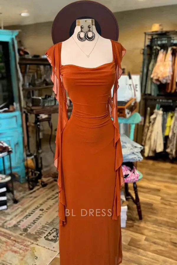 Sheath Elegant Ruffled Sleeves Square Neck formal dresses Bridesmaid Dresses evening gown Prom Dress