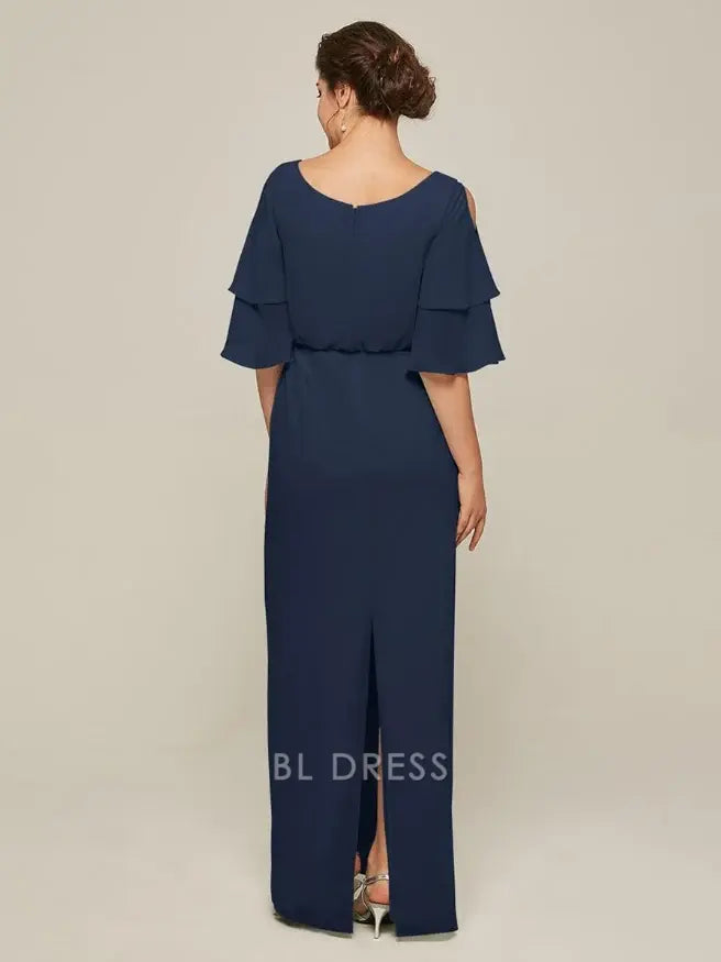 A-Line Jewel Neck Short Sleeves Split Front Wedding Guest Dresses Chiffon Mother of the Bride Dresse