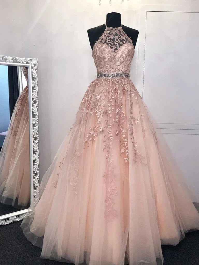 A Line High Neck Tulle Lace Formal Graduation Evening Dresses Long Prom Dresses