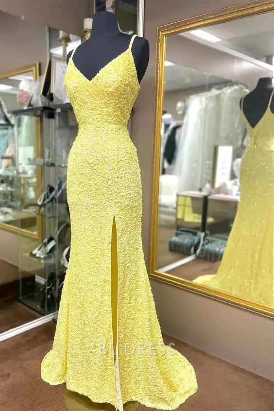 Mermaid V-Neck Sequins Yellow Long formal dresses Bridesmaid Dresses evening gown Prom Dress with Slit