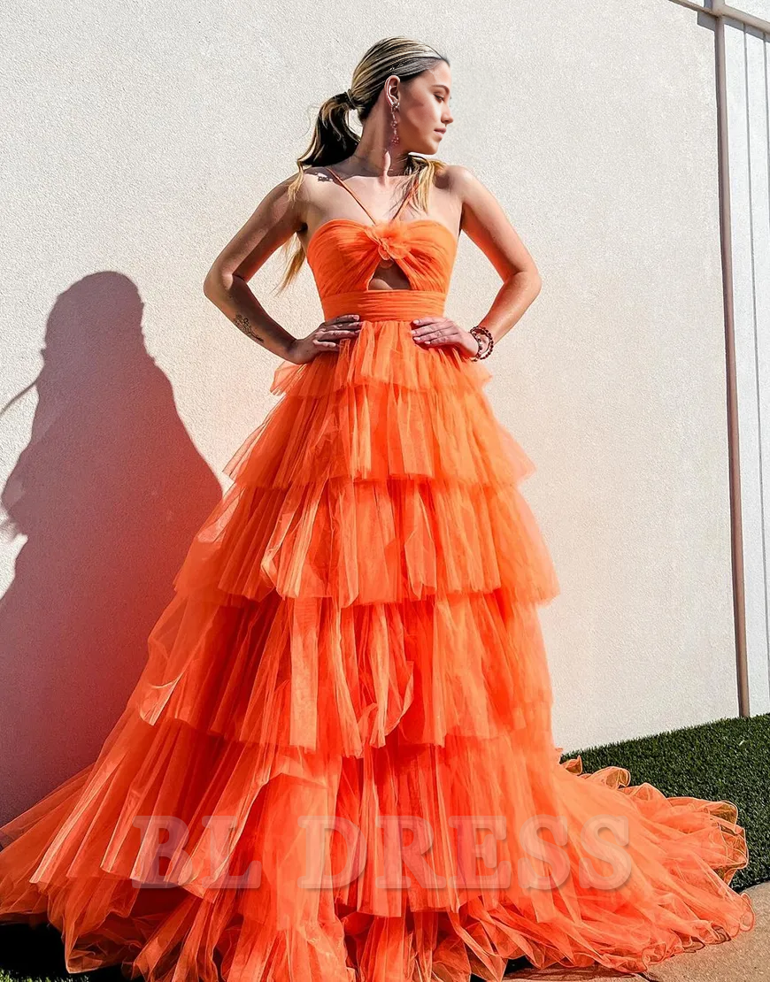 A-Line Spaghetti Straps Flower Tiered Tulle Orange Long formal dresses evening gown Prom Dress