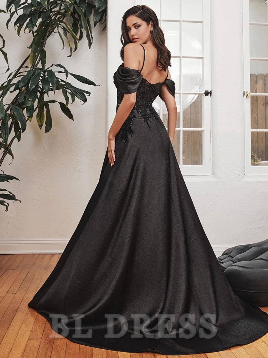 A-Line Square Neck Train Sleeveless Backless Split Front Satin formal dresses Bridesmaid Dresses evening gown Prom Dress