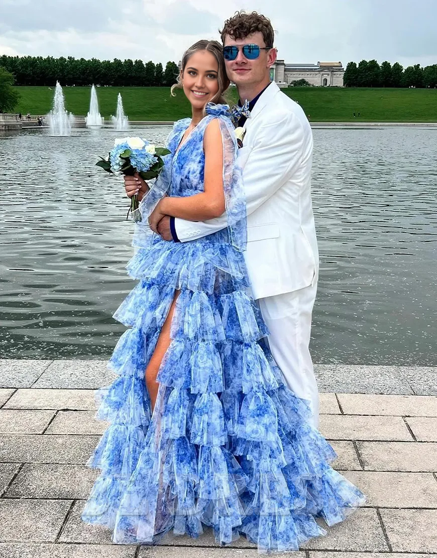 A-Line Floral V Neck Ruffles Long Blue formal dresses evening gown Prom Dress with Slit