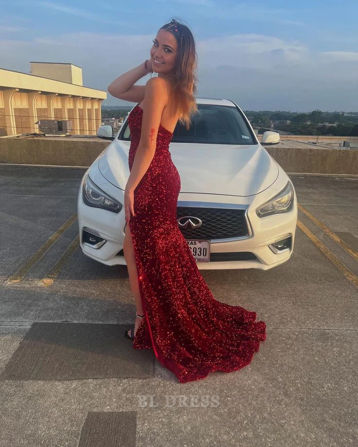 Mermaid Sparkly Strapless Sequin Red formal dresses Bridesmaid Dresses evening gown Prom Dress