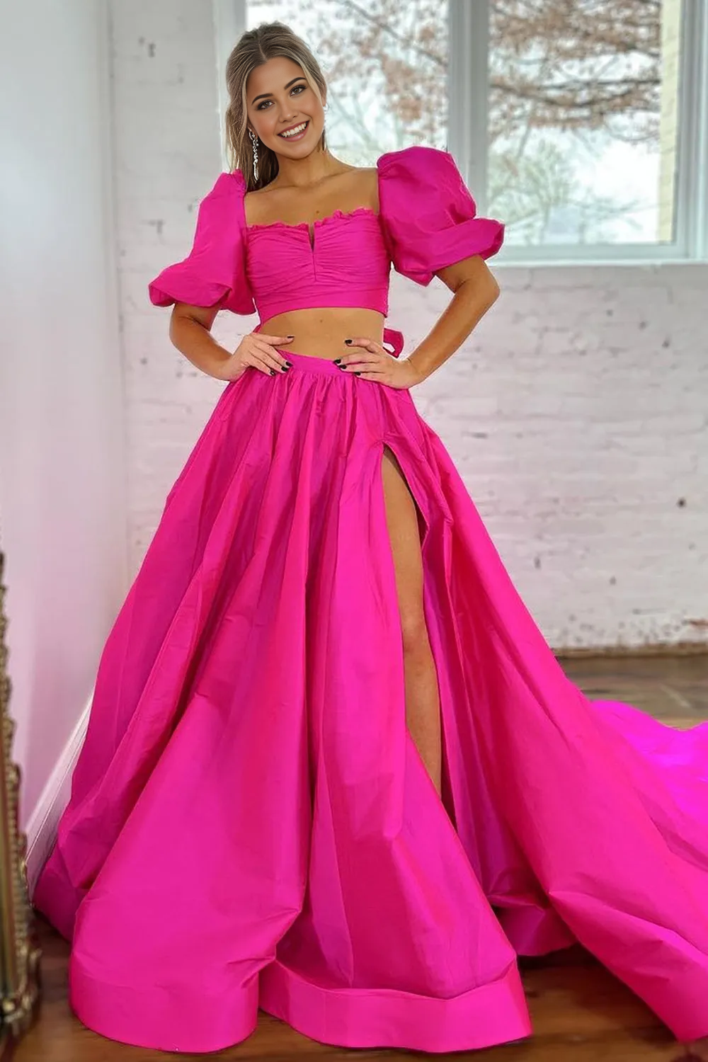 Two Pieces A-Line Square Neck Long Satin Hot Pink formal dresses evening gown Prom Dress With Split
