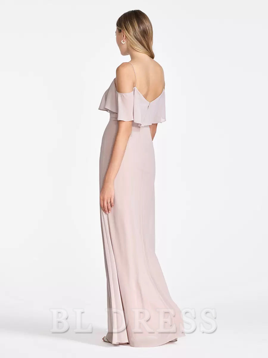 A-Line Chiffon Shoulder Ruffled Split formal dresses Bridesmaid Dresses evening gown Prom Dress