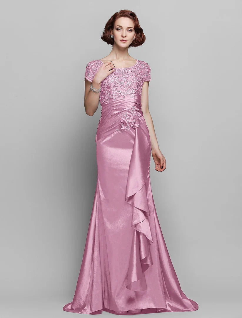 Mermaid / Trumpet Mother of the Bride Dress See Through Scoop Neck Sweep / Brush Train Taffeta Beaded Lace Short Sleeve with Flower