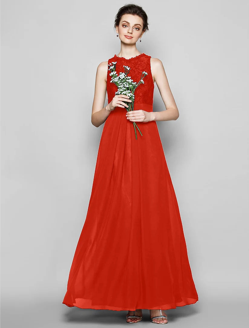 Etui-/Säulen-Brautjungfernkleid mit Schmuckausschnitt, ärmellos, elegant, bodenlang, Chiffon/Spitze mit Spitze