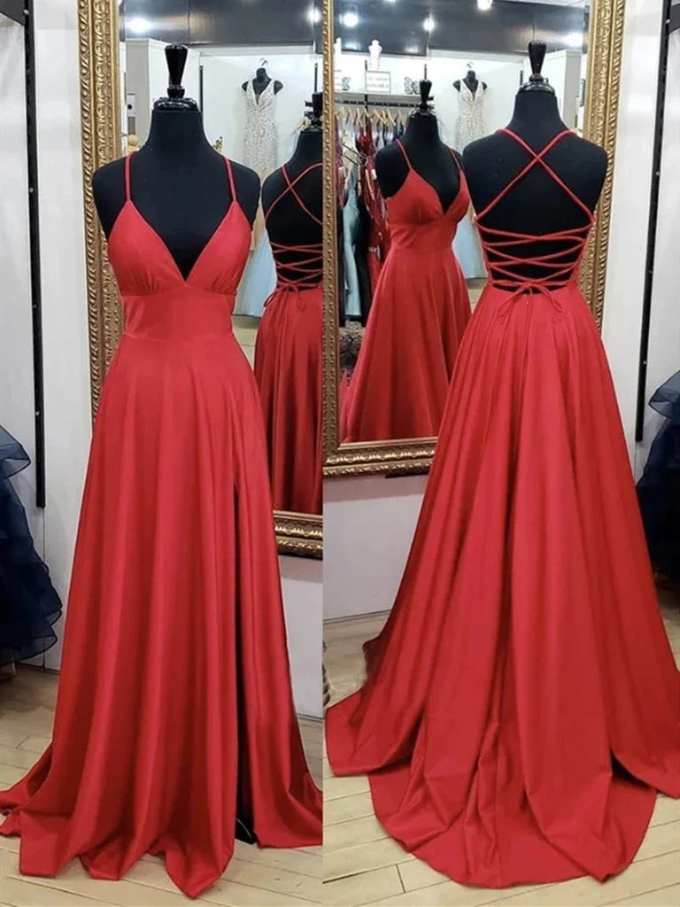 A-line V Neck Backless Formal Evening Dresses Long Prom Dresses
