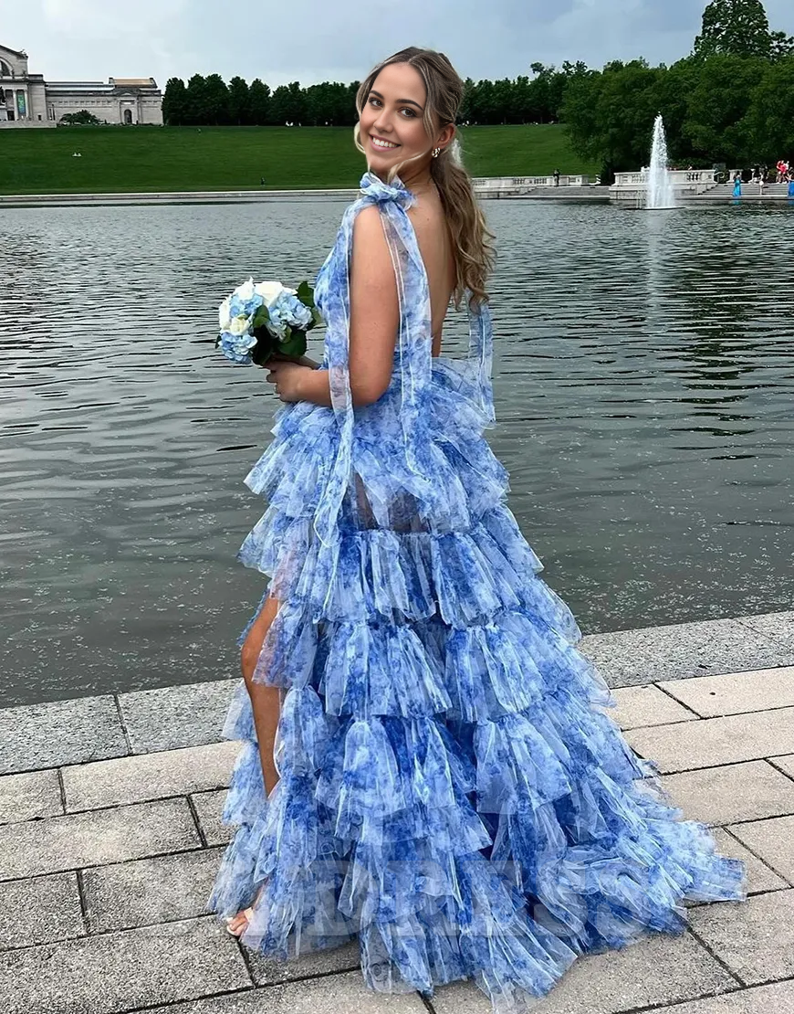 A-Line Floral V Neck Ruffles Long Blue formal dresses evening gown Prom Dress with Slit