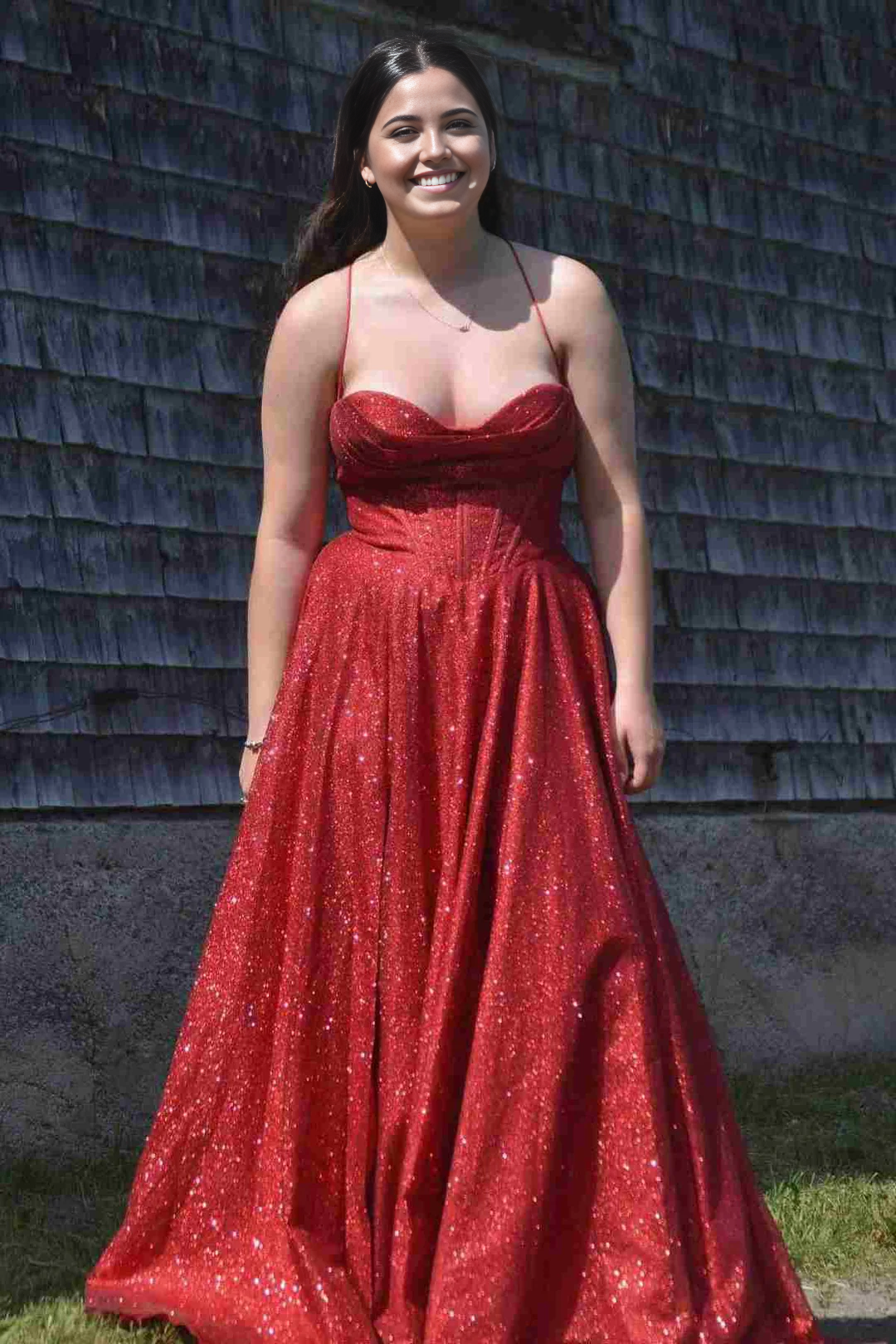 plus size A-Line Spaghetti Straps Glitter Sleeveless Long formal dresses evening gown Prom Dress with Slit