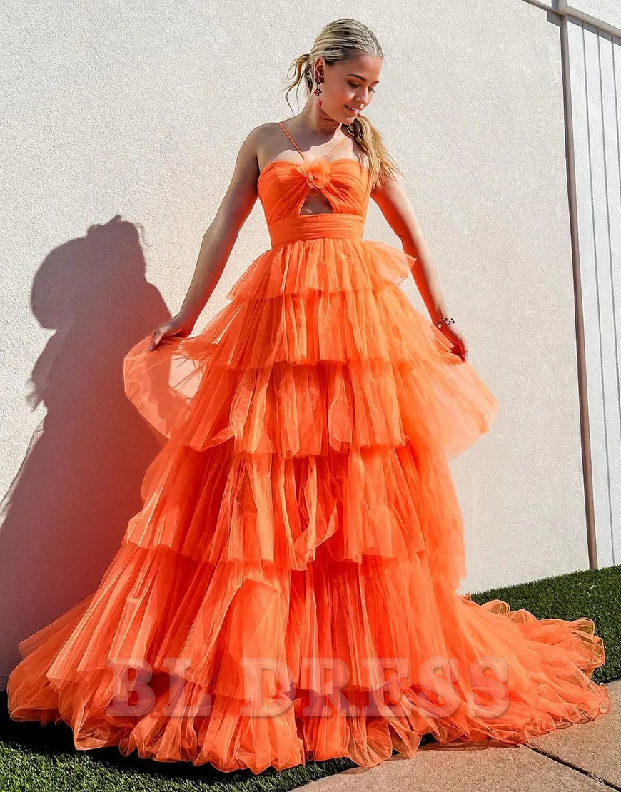A-Line Spaghetti Straps Flower Tiered Tulle Orange Long formal dresses evening gown Prom Dress