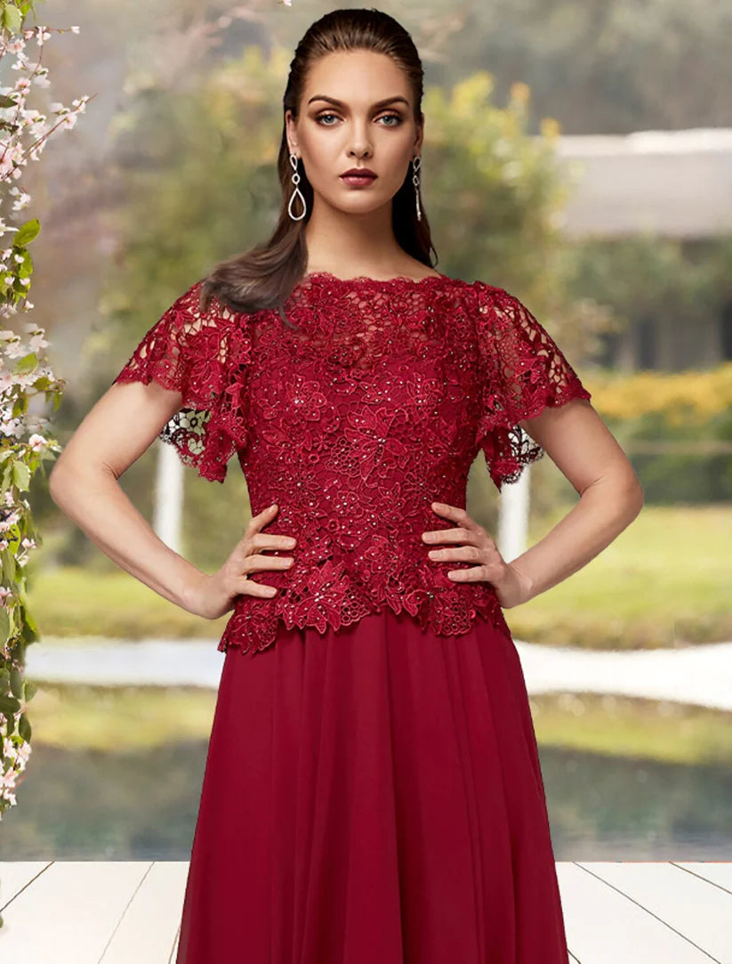 A-Line Mother of the Bride Dress Plus Size Elegant Jewel Neck Floor Length Chiffon Lace Short Sleeve with Beading Appliques