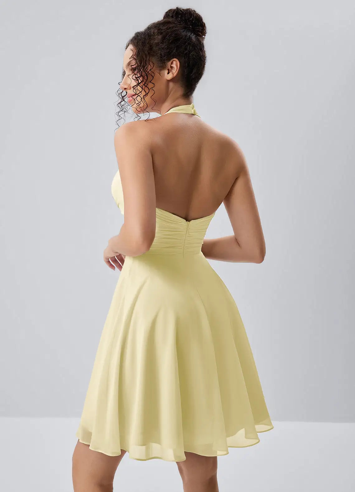 Elegant A-Line Halter V-Neck Sleeveless Pleated Pale Yellow Short Homecoming Dress