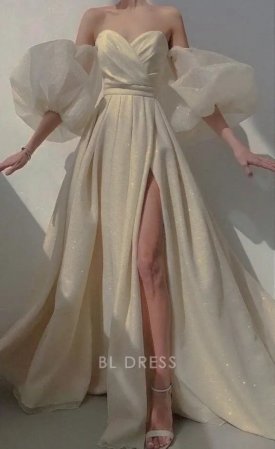 A Line Glitter Sweetheart Tulle Sequins formal dresses Bridesmaid Dresses evening gown Prom Dress With Split