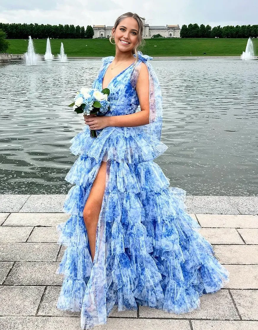 A-Line Floral V Neck Ruffles Long Blue formal dresses evening gown Prom Dress with Slit